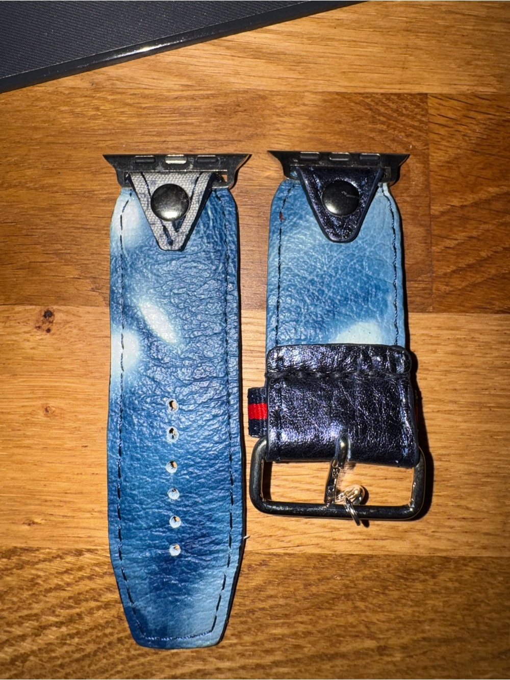 Blue Leather and GG Monogram Canvas Watch Band with Crystal Accent - Picture 2 of 2